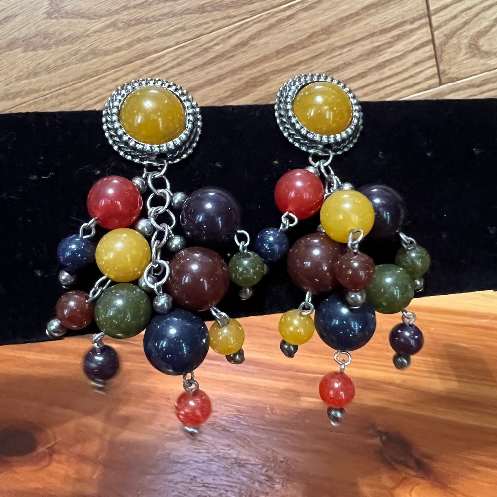 Vintage Multi Color Beaded Cluster Drop Earrings Silver Tone‎ Boho Statement